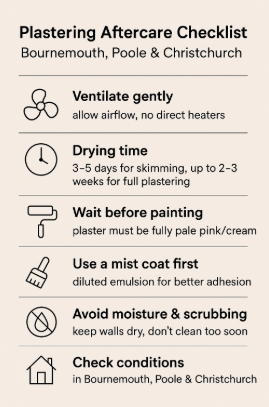 Plastering aftercare checklist for Bournemouth, Poole and Christchurch homes – ventilation, drying, mist coat, moisture control