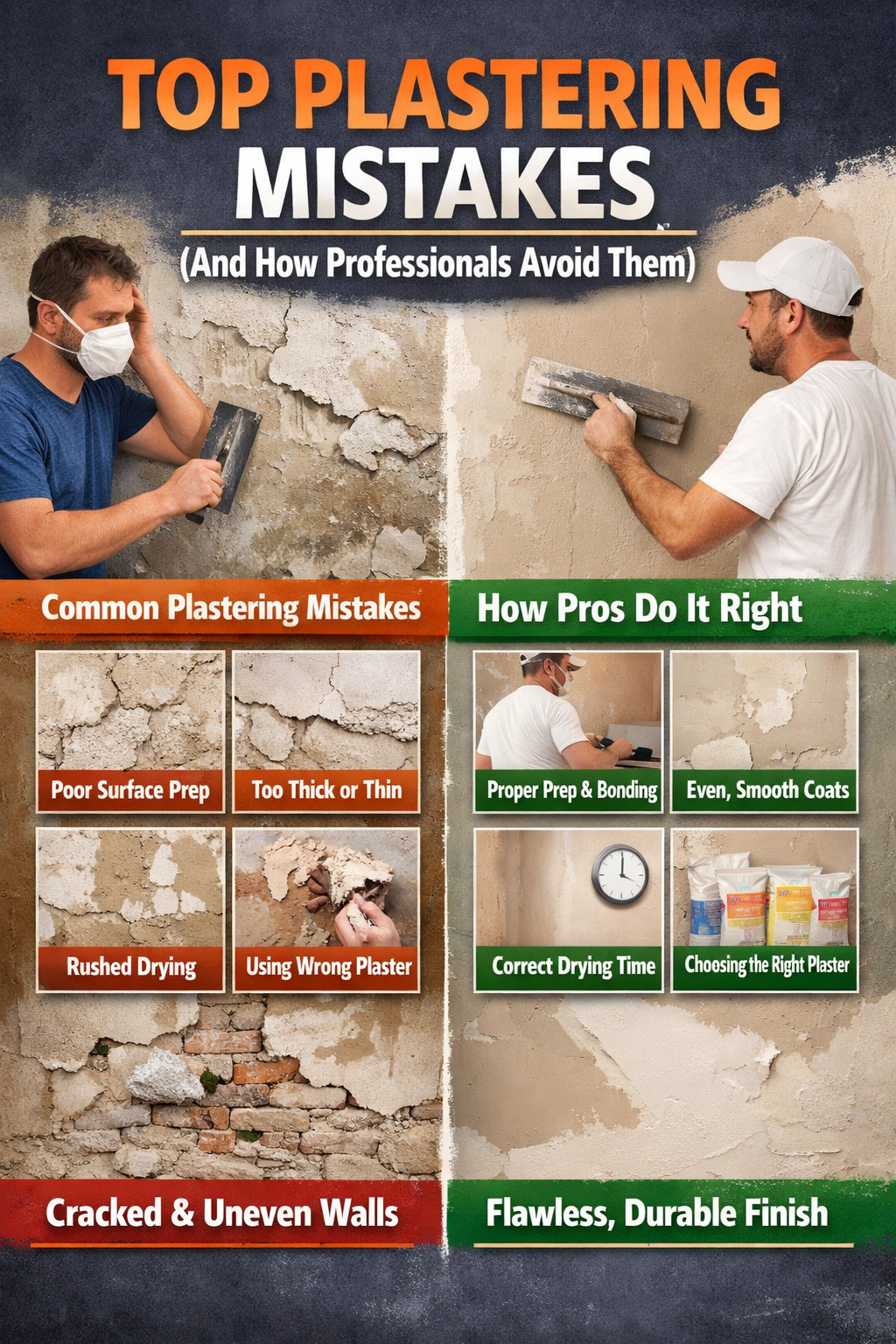 Infographic comparing common plastering mistakes with professional plastering techniques for smooth, long-lasting walls.
